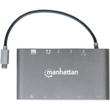 Manhattan USB-C Dock/Hub with Card Reader, Ports (x8): USB-C to HDMI, Audio 3.5mm, Ethernet, Mini DisplayPort, USB-A (x3) and USB-C, With Power Delivery to USB-C Port (60W), Cable 20cm, Aluminium, Grey, Three Year Warranty, Retail Box
