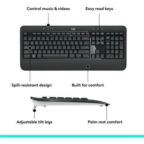 Logitech MK540 Advanced Wireless Keyboard and Mouse Combo for Windows, 2.4 GHz Unifying USB-Receiver
