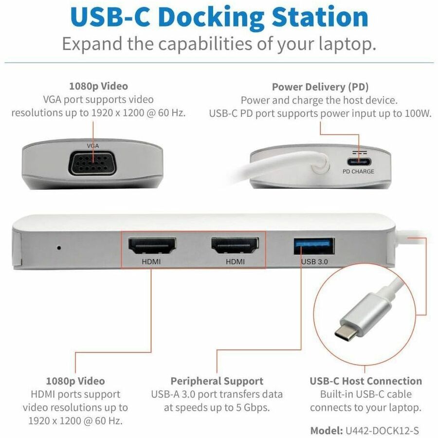 Eaton Tripp Lite Series USB-C Dock, Triple Display - HDMI, VGA, USB 3.x (5Gbps), USB-A Hub, 60W PD Charging