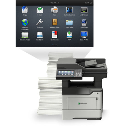 Lexmark MX620 MX622ade Laser Multifunction Printer-Monochrome-Copier/Fax/Scanner-50 ppm Mono Print-1200x1200 Print-Automatic Duplex Print-175000 Pages Monthly-650 sheets Input-Color Scanner-1200 Optical Scan-Monochrome Fax-Gigabit Ethernet