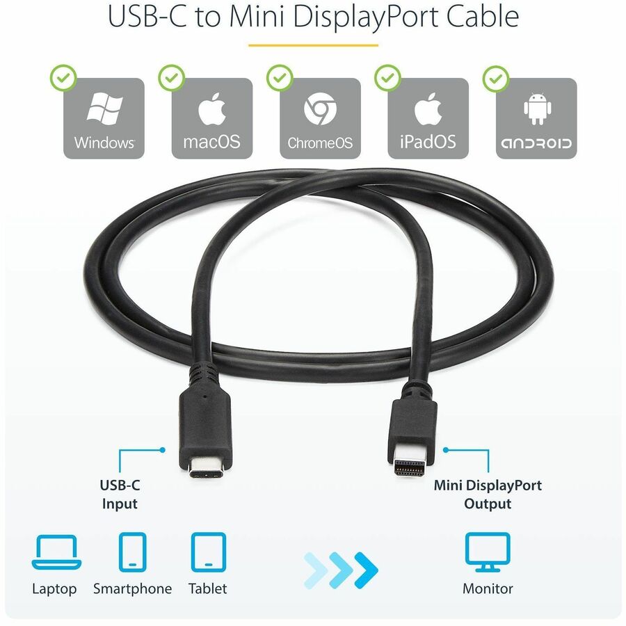 StarTech.com 6 ft. / 1.8 m USB-C to Mini DisplayPort Cable - 4K 60Hz - Black - USB 3.1 Type-C to Mini DP Adapter Cable - mDP Cable