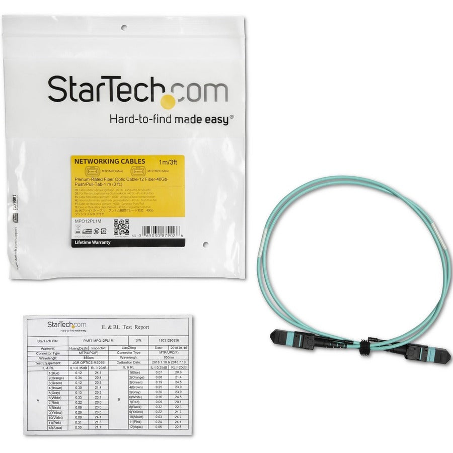 StarTech.com 1m (3ft) MTP(F)/PC OM3 Multimode Fiber Optic Cable, OFNP Plenum, 50/125&micro;m, 40G, Low Insertion Loss, MPO Fiber Jumper Cord