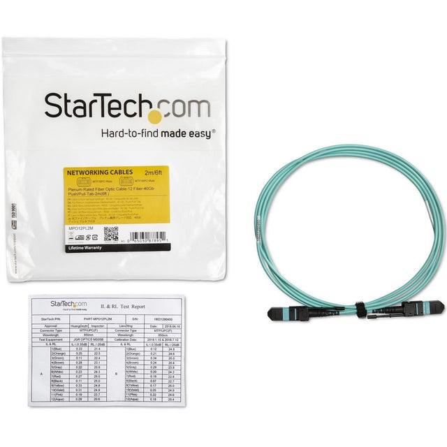 StarTech.com 2m (6ft) MTP(F)/PC OM3 Multimode Fiber Optic Cable, OFNP Plenum, 50/125&micro;m, 40G, Low Insertion Loss, MPO Fiber Jumper Cord