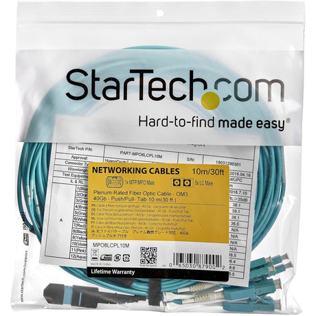 StarTech.com 10m (30ft) MTP(F)/PC to 4x LC/PC Duplex Breakout OM3 Multimode Fiber Optic Cable, 40G, Low Insertion Loss, Fiber Jumper Cord