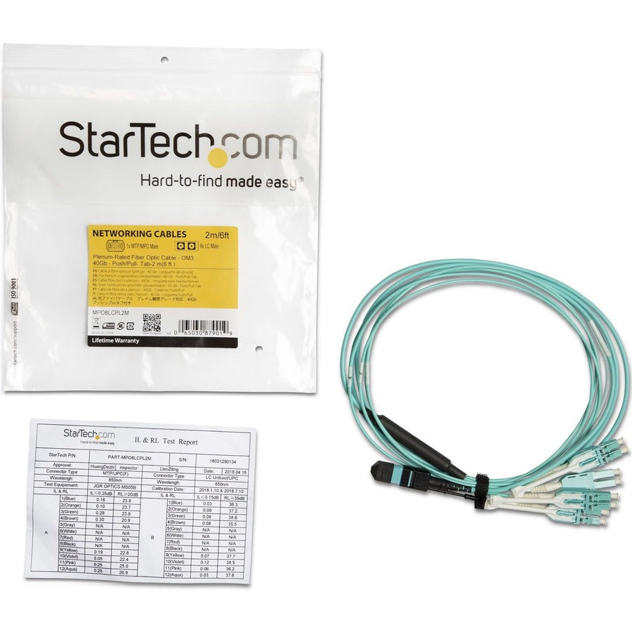 StarTech.com 2m (6ft) MTP(F)/PC to 4x LC/PC Duplex Breakout OM3 Multimode Fiber Optic Cable, 40G, Low Insertion Loss, Fiber Jumper Cord