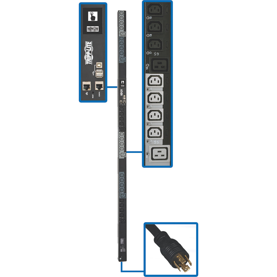 Eaton Tripp Lite Series 6.7kW 200-240V 3PH Switched PDU - LX Interface, Gigabit, 30 Outlets, L21-20P Input, Outlet Monitoring, LCD, 1.8 m Cord, 0U 1.8 m Height, TAA