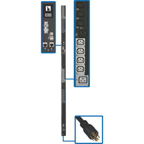 Eaton Tripp Lite Series 6.7kW 200-240V 3PH Switched PDU - LX Interface, Gigabit, 30 Outlets, L21-20P Input, Outlet Monitoring, LCD, 1.8 m Cord, 0U 1.8 m Height, TAA