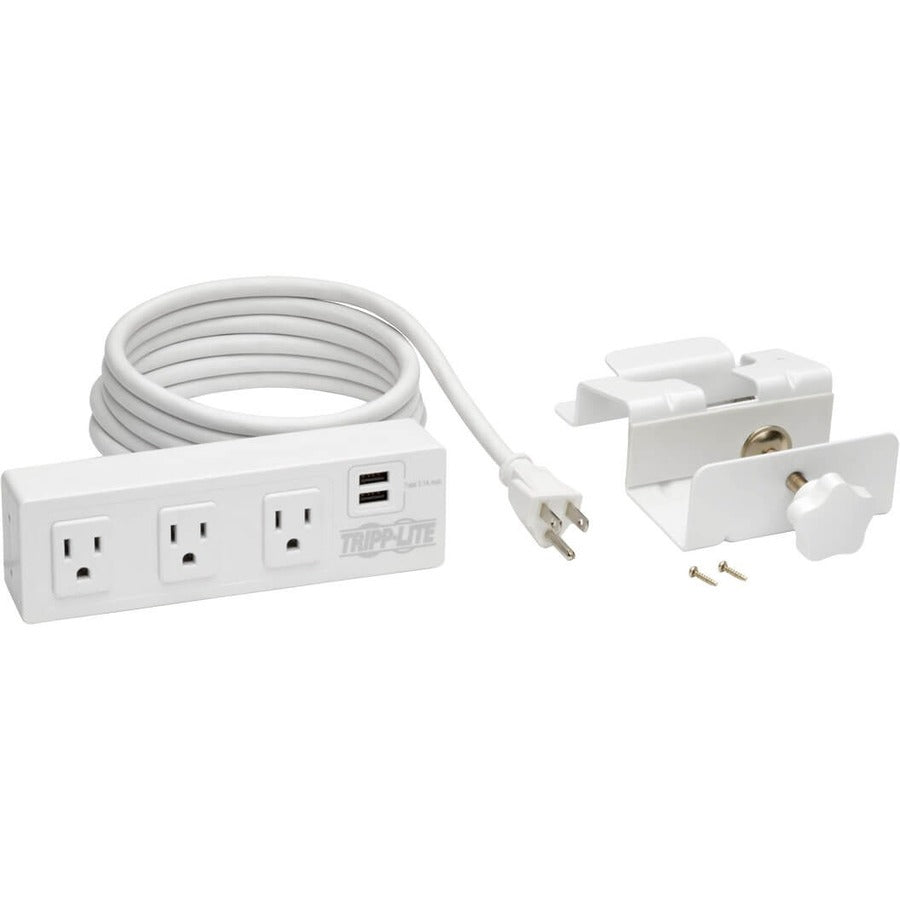 Eaton Tripp Lite Series 3-Outlet Surge Protector with 2 USB Ports, 10 ft. (3.05 m) Cord - 510 Joules, Desk Clamp, White Housing