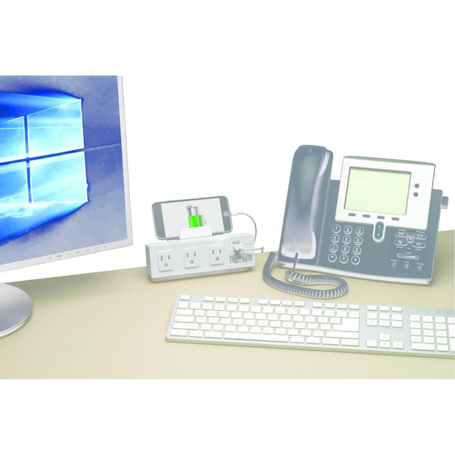 Eaton Tripp Lite Series 3-Outlet Surge Protector with 2 USB Ports, 10 ft. (3.05 m) Cord - 510 Joules, Desk Clamp, White Housing