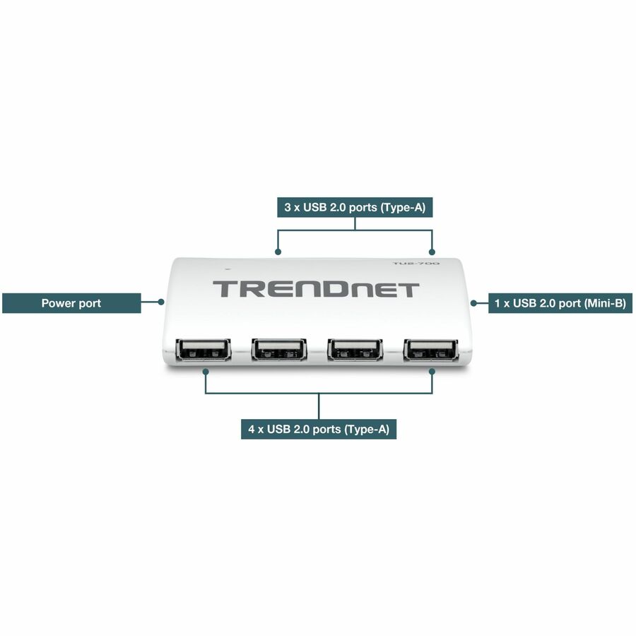 TRENDnet 7-Port USB 2.0 Hub, TU2-700, 7 x USB 2.0 Ports, Backwards Compatible with USB 1.1, Compatible with Windows and macOS, NDAA Compliant