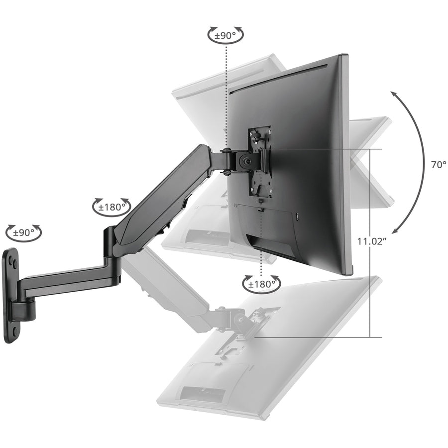 High Premium Aluminum Gas Spring Wall Mount - Single Monitor 17" to 34" - weight up to 19.8 lbs
