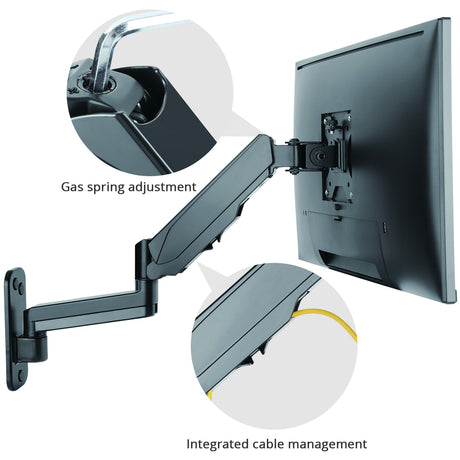 High Premium Aluminum Gas Spring Wall Mount - Single Monitor 17" to 34" - weight up to 19.8 lbs