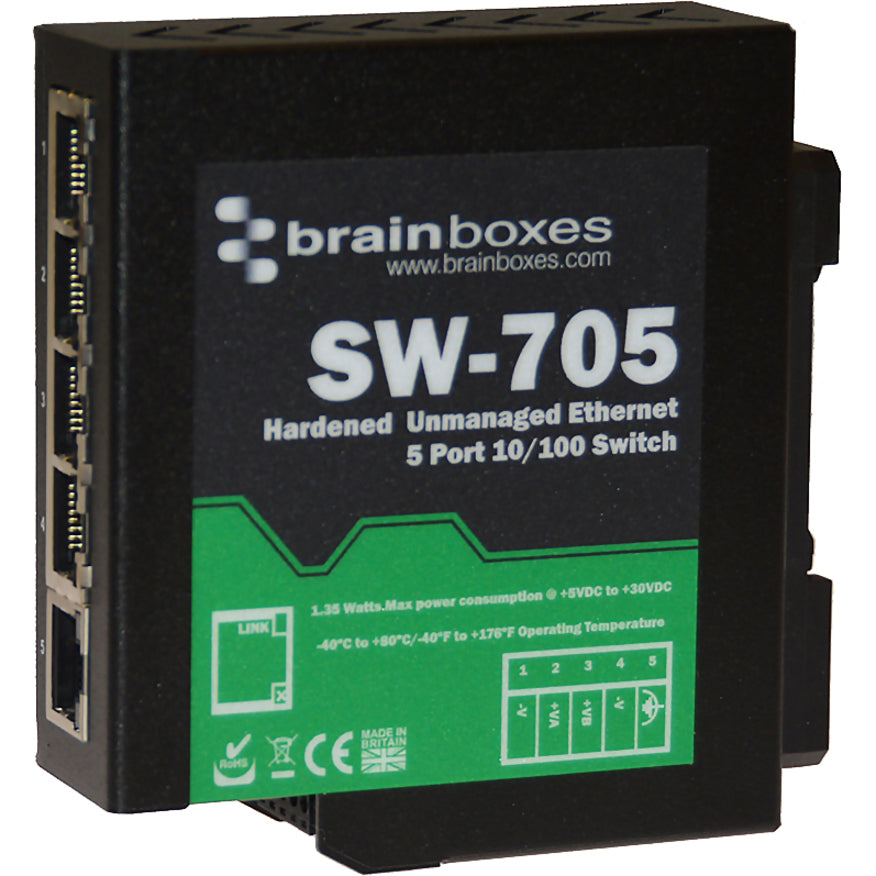Brainboxes Industrial Hardened Ethernet 5 Port Switch DIN Rail Mountable