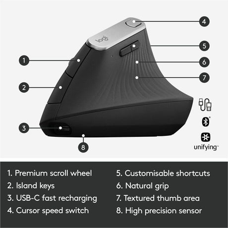 Logitech MX Vertical Wireless Mouse - Ergonomic Design Reduces Muscle Strain, Rechargeable, Graphite