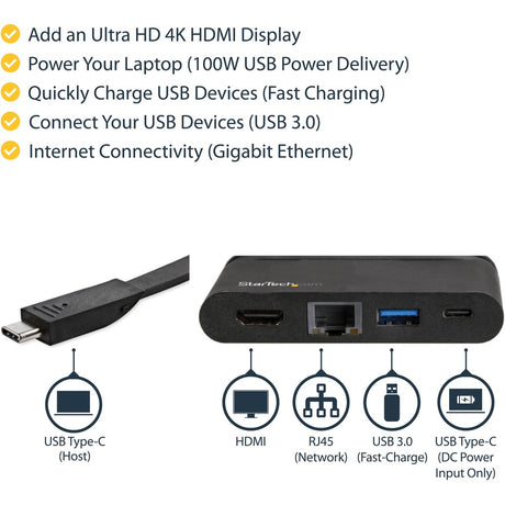 StarTech.com USB C Multiport Adapter - USB-C Travel Dock to 4K HDMI, 100W PD 3.0 Pass-Through, USB-A USB-C, GbE - Portable USB Type-C Dock
