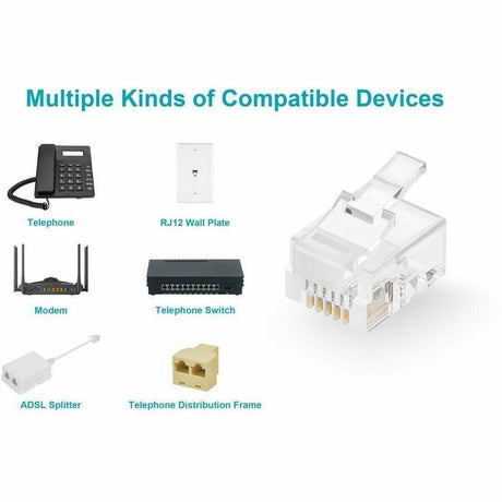 Monoprice 6P6C RJ12 Modular Plugs for Flat Solid/Stranded Cable, 1u, 2 Prongs Clear, 50-PK