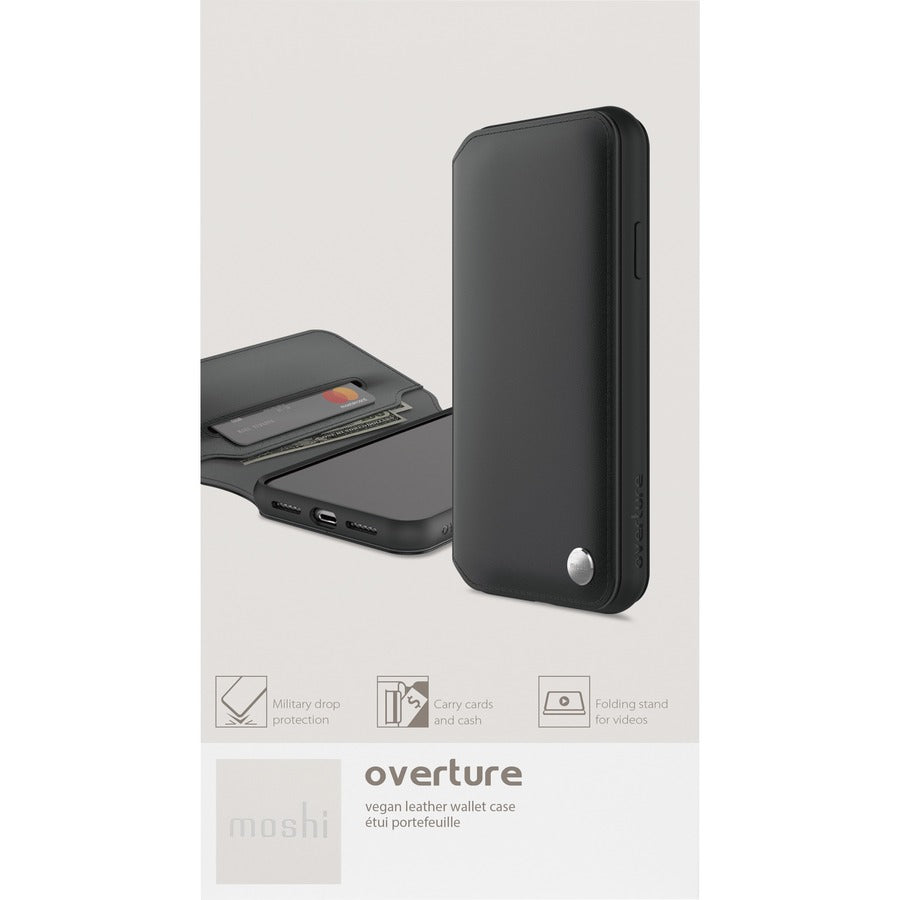 This stylish folio-style vegan leather wallet case can carry your cards and cash, while protecting your iPhone. With a simple flip, Overture turns into a convenient stand for watching videos and browsing the web.