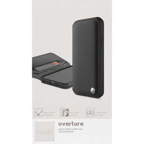 This stylish folio-style vegan leather wallet case can carry your cards and cash, while protecting your iPhone. With a simple flip, Overture turns into a convenient stand for watching videos and browsing the web.