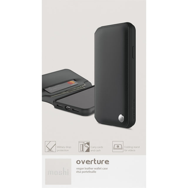 This stylish folio-style vegan leather wallet case can carry your cards and cash, while protecting your iPhone. With a simple flip, Overture turns into a convenient stand for watching videos and browsing the web.