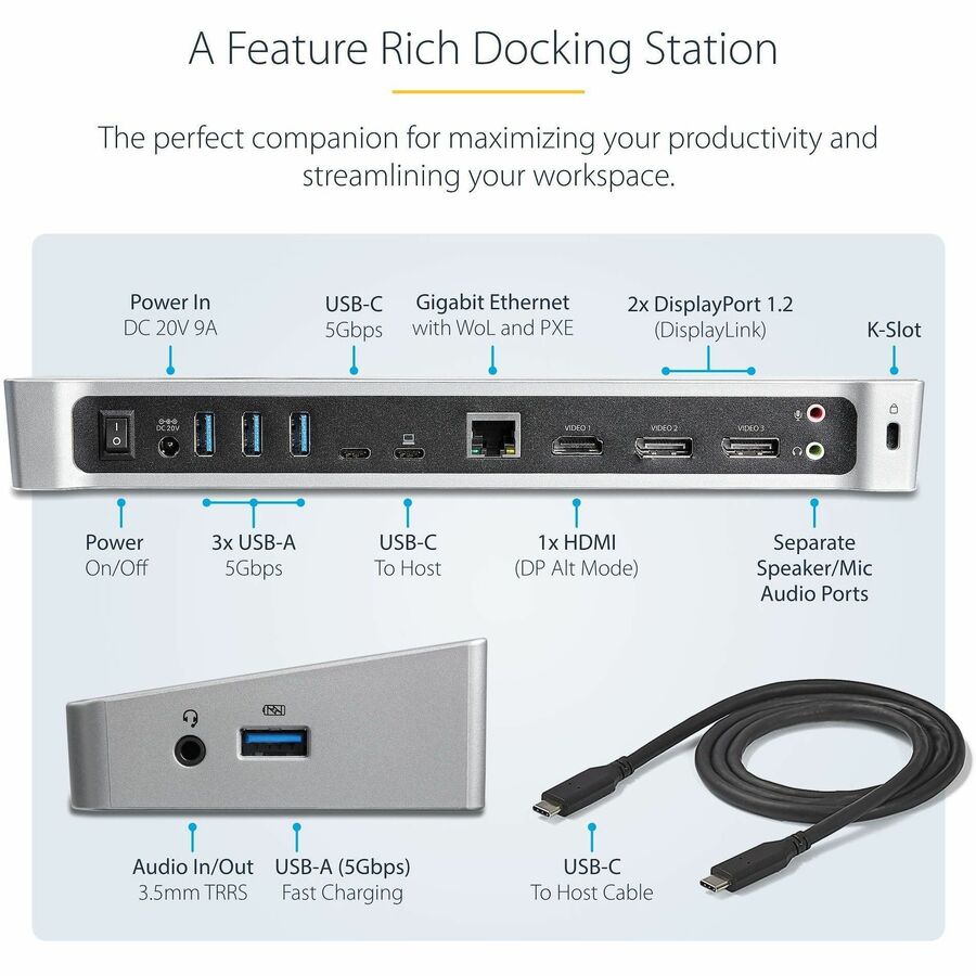 StarTech.com 4K USB-C Dock, Triple UHD 4K Monitor Docking Station, Mac & Windows, HDMI & DisplayPort, 100W PD, 5x USB 5Gbps Hub, TAA