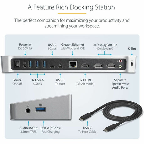 StarTech.com 4K USB-C Dock, Triple UHD 4K Monitor Docking Station, Mac & Windows, HDMI & DisplayPort, 100W PD, 5x USB 5Gbps Hub, TAA