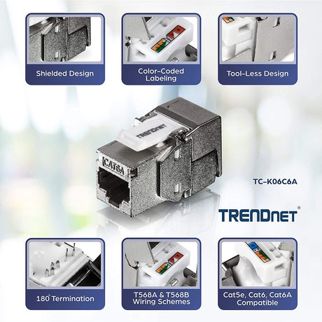 TRENDnet Shielded Cat6A Keystone Jack, 6-Pack Bundle, TC-K06C6A, 180&deg; Angle Termination, Compatible with Cat5/Cat5e/Cat6 Cabling, Use w/ TC-KP24S Shielded Blank Keystone Patch Panel (sold separately)