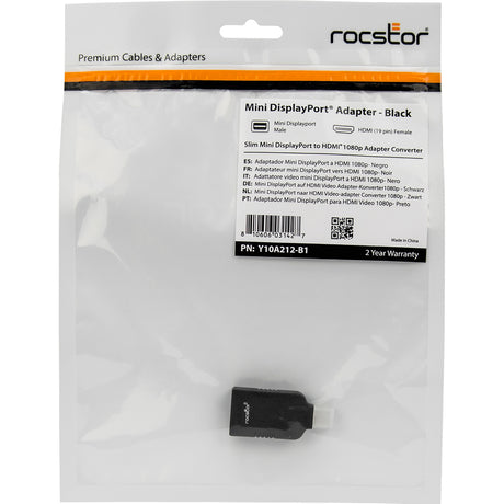 Rocstor Premium Slim Mini DisplayPort to HDMI Audio/Video Adapter - Slim HDMI to Mini DisplayPort - 1920x1200 1080p - for Projector, Monitor, MacBook, MacBook Air, MacBook Pro, Mac mini, Ultrabook, Desktop Computer - 1 Pack - 1 x Mini DisplayPort Male Dig