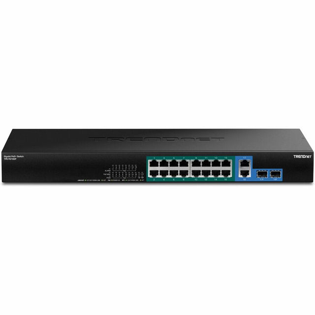 TRENDnet 18-Port Gigabit High Power Poe+ Switch; 16 X Gigabit Poe+ Ports; 2 X Shared Gigabit Ports; 36Gbps Switching Capacity; 440W PoE Power Budget; TPE-TG182F