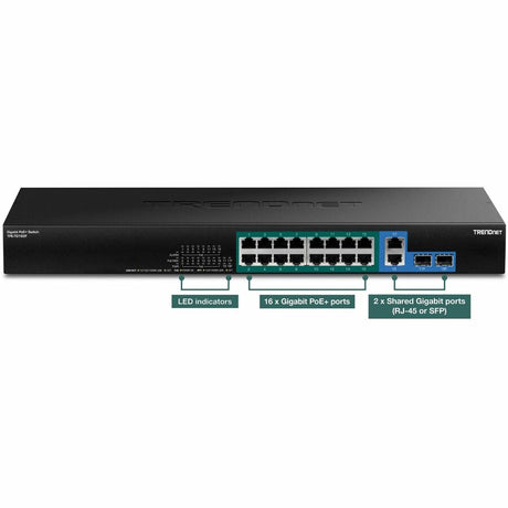 TRENDnet 18-Port Gigabit High Power Poe+ Switch; 16 X Gigabit Poe+ Ports; 2 X Shared Gigabit Ports; 36Gbps Switching Capacity; 440W PoE Power Budget; TPE-TG182F