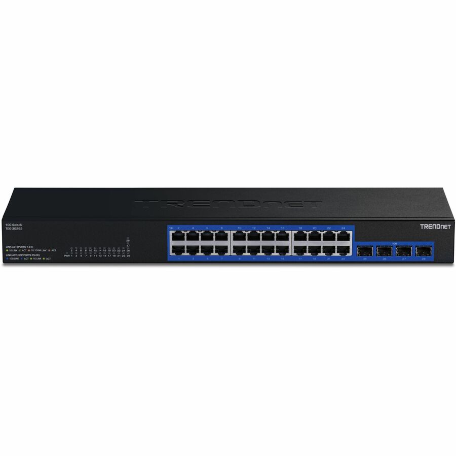 TRENDnet 24-Port Gigabit Switch with 2 X 10G SFP+ Slots; Fanless Design; 19 1U Rack mountable; TEG-30262