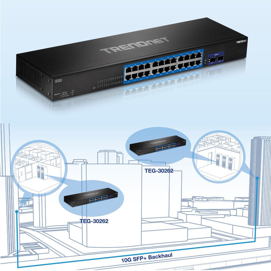 TRENDnet 24-Port Gigabit Switch with 2 X 10G SFP+ Slots; Fanless Design; 19 1U Rack mountable; TEG-30262