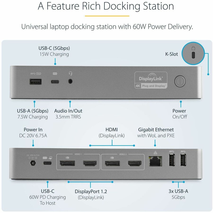 StarTech.com USB-C & USB-A Dock - Hybrid Universal Laptop Docking Station with Dual Monitor Display 4K 60Hz HDMI & DisplayPort - 60W PD