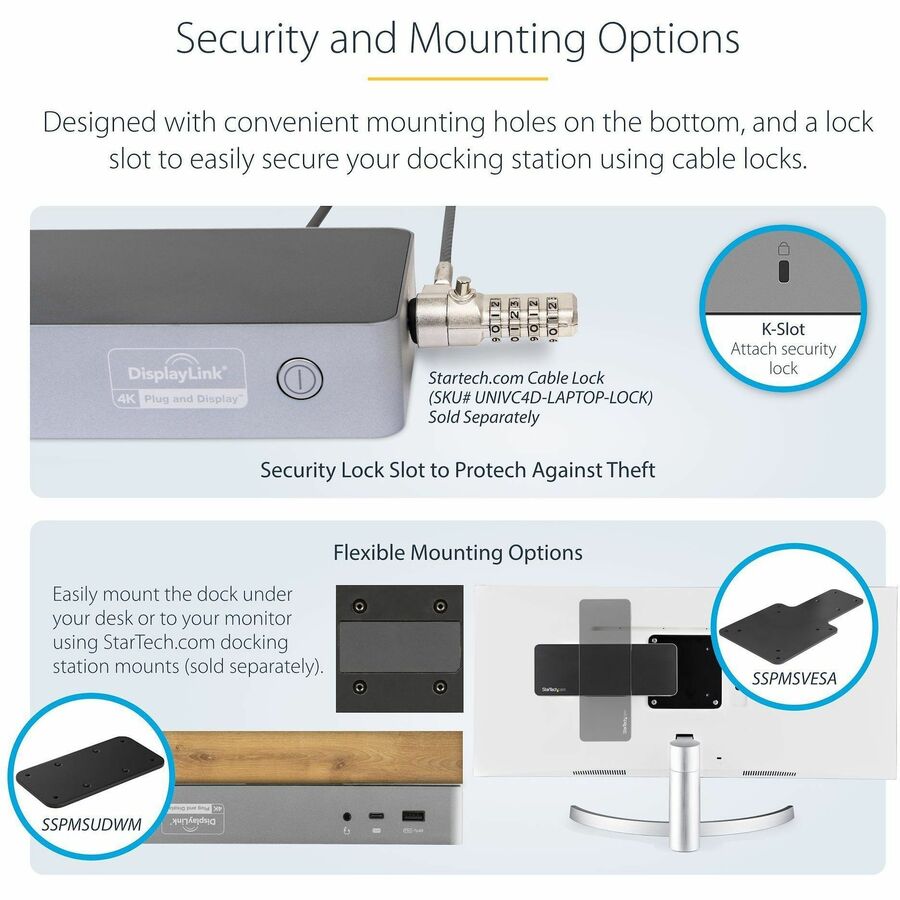 StarTech.com USB-C & USB-A Dock - Hybrid Universal Laptop Docking Station w/ 100W Power Delivery - Dual Monitor 4K 60Hz HDMI & DisplayPort