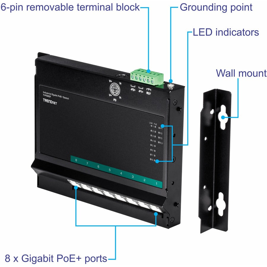 TRENDnet 8-Port Industrial Gigabit Poe+ Wall-Mounted Front Access Switch; 8X Gigabit Poe+ Ports; DIN-Rail Mount; 48 57V DC Power Input; IP30; 200W Poe Budget;Lifetime Protection; TI-PG80F