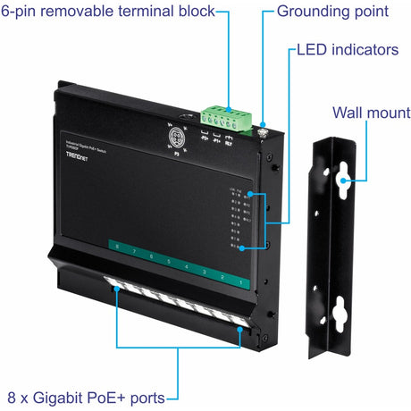 TRENDnet 8-Port Industrial Gigabit Poe+ Wall-Mounted Front Access Switch; 8X Gigabit Poe+ Ports; DIN-Rail Mount; 48 57V DC Power Input; IP30; 200W Poe Budget;Lifetime Protection; TI-PG80F