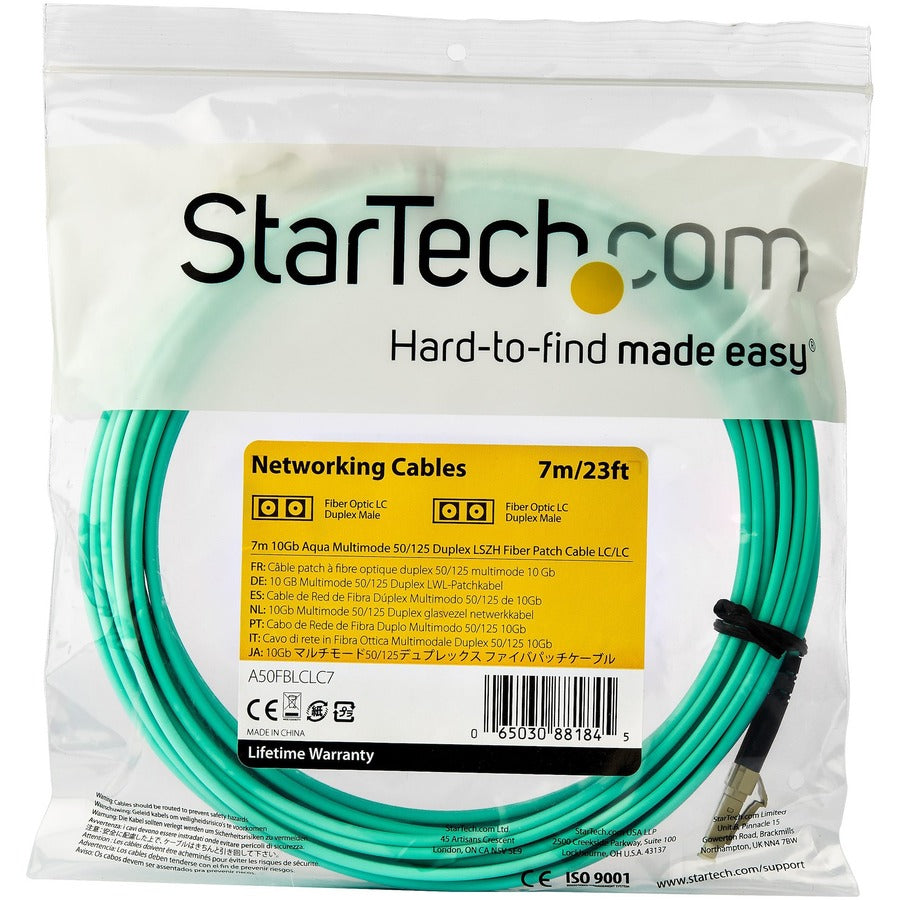 StarTech.com 7m (22ft) LC/UPC to LC/UPC OM3 Multimode Fiber Optic Cable, Full Duplex 50/125 Zipcord, 100G, LSZH Fiber Jumper Cord