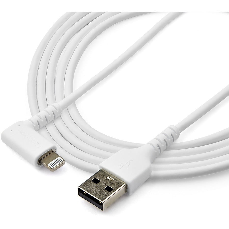 StarTech.com 2m USB A to Lightning Cable iPhone iPad Durable Right Angled 90 Degree White Charger Cord w/Aramid Fiber Apple MFI Certified