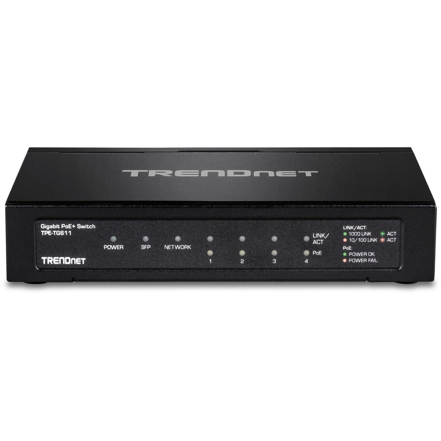 TRENDnet 6-port Gigabit Poe+ Switch; TPE-TG611; 4 X Gigabit Poe+ Ports; 1 X Gigabit Port; 1 X SFP Slot; Supports 100/1000Base-FX Fiber SFP Modules; Ethernet Desktop Network Switch; Lifetime Protection