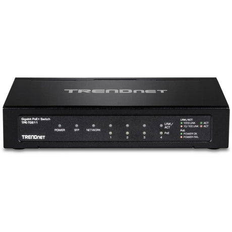 TRENDnet 6-port Gigabit Poe+ Switch; TPE-TG611; 4 X Gigabit Poe+ Ports; 1 X Gigabit Port; 1 X SFP Slot; Supports 100/1000Base-FX Fiber SFP Modules; Ethernet Desktop Network Switch; Lifetime Protection