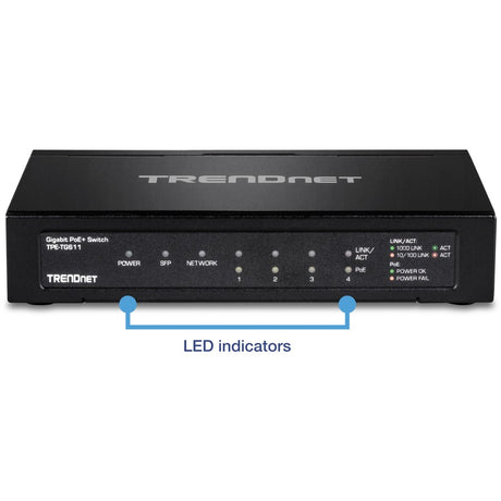 TRENDnet 6-port Gigabit Poe+ Switch; TPE-TG611; 4 X Gigabit Poe+ Ports; 1 X Gigabit Port; 1 X SFP Slot; Supports 100/1000Base-FX Fiber SFP Modules; Ethernet Desktop Network Switch; Lifetime Protection