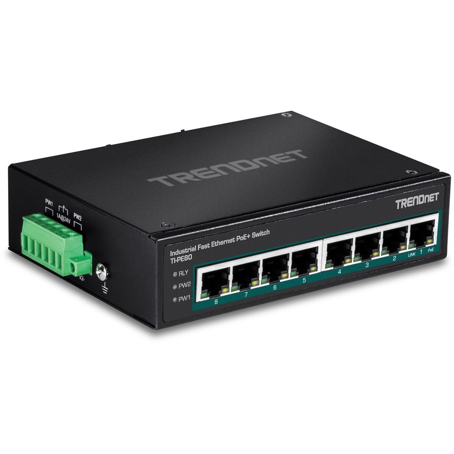TRENDnet 8-Port Industrial Fast Ethernet PoE+ DIN-Rail Switch;TI-PE80;8 x Fast Ethernet PoE+ Ports;IP30 Network Unmanaged Switch;200W PoE Power Budget; 1.6Gbps Switching Capacity; Lifetime Protection