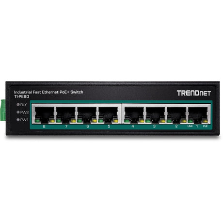 TRENDnet 8-Port Industrial Fast Ethernet PoE+ DIN-Rail Switch;TI-PE80;8 x Fast Ethernet PoE+ Ports;IP30 Network Unmanaged Switch;200W PoE Power Budget; 1.6Gbps Switching Capacity; Lifetime Protection