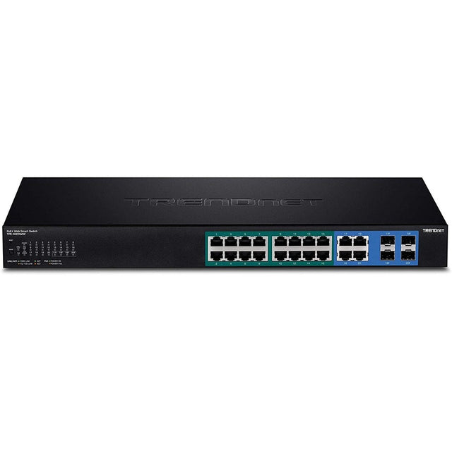 TRENDnet 20-Port Gigabit Web Smart 370W PoE+ Switch; TPE-1620WSF; 16 Gigabit PoE+ Ports; 4 Shared Gigabit Ports(RJ-45 or SFP); 370W PoE Budget;Managed PoE+ Ethernet Network Switch; Lifetime Protection