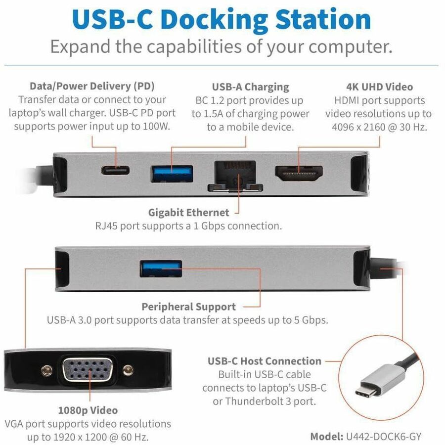 Eaton Tripp Lite Series USB-C Dock, Dual Display - 4K HDMI, VGA, USB 3.x (5Gbps), USB-A/C Hub, GbE, 100W PD Charging