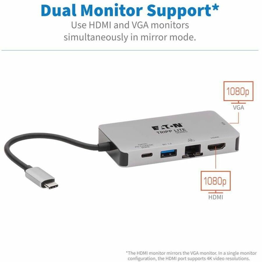 Eaton Tripp Lite Series USB-C Dock, Dual Display - 4K HDMI, VGA, USB 3.x (5Gbps), USB-A/C Hub, GbE, 100W PD Charging
