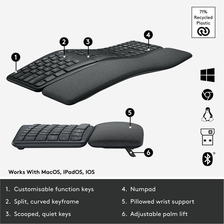 Logitech ERGO K860 Split Ergonomic Keyboard, Wireless Connectivity, Graphite