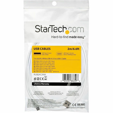 StarTech.com 2m USB A to USB C Charging Cable - Durable Fast Charge & Sync USB 2.0 to USB Type C Data Cord - Aramid Fiber M/M 3A White