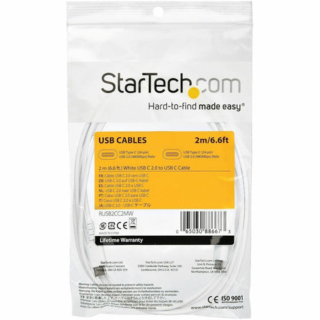StarTech.com 2m USB C Charging Cable - Durable Fast Charge & Sync USB 2.0 Type C to C Charger Cord - TPE Jacket Aramid Fiber M/M 60W White
