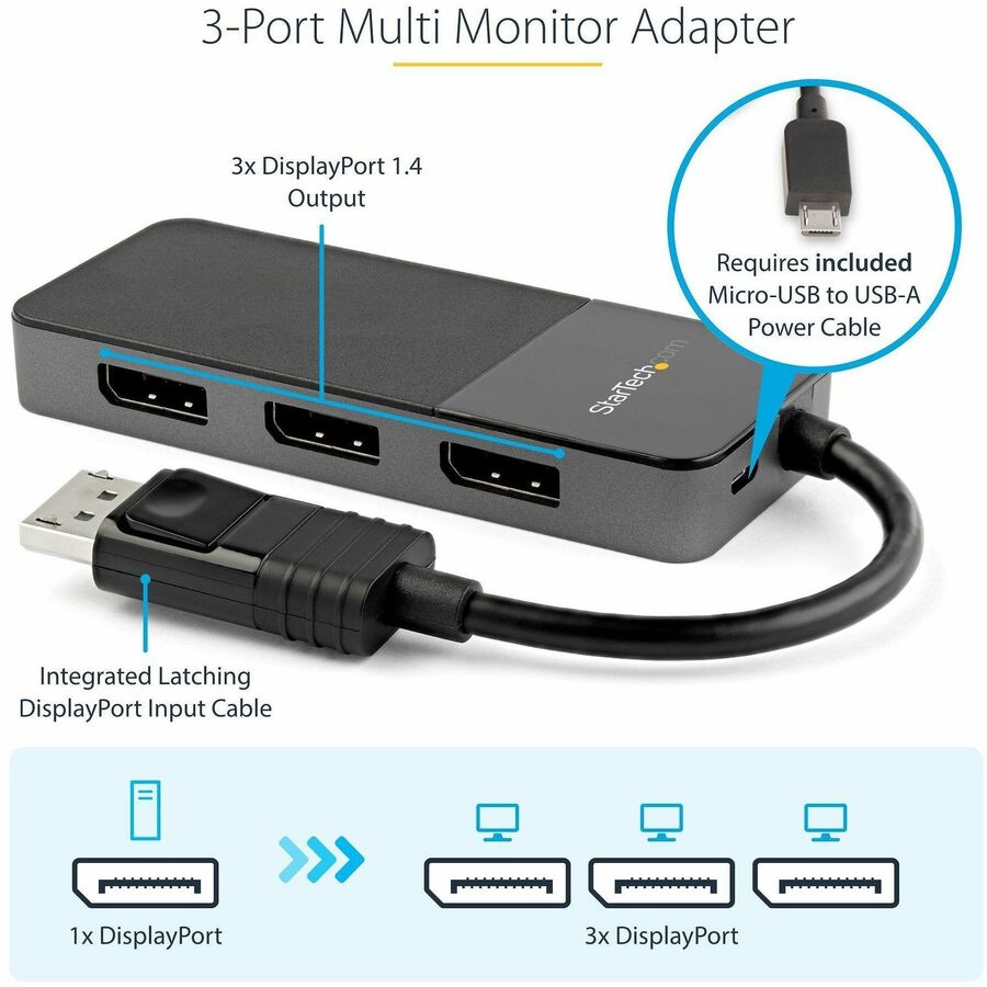 StarTech.com 3-Port DisplayPort 1.4 Splitter, DisplayPort to 3x DP Multi-Monitor Adapter, Triple 4K Computer MST Hub, Windows Only