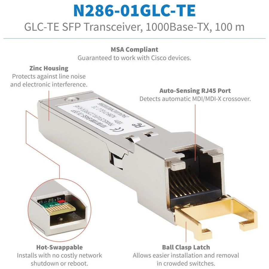Eaton Tripp Lite Series Cisco-Compatible GLC-TE SFP Transceiver - 10/100/1000Base-TX, Copper, RJ45, Cat6, 328.08 ft. (100 m)
